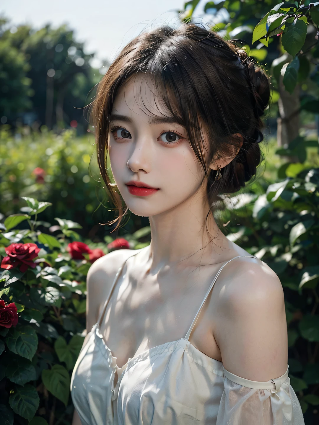 1girl, (looking at viewer:1.2), detail face, (a girl standing, rending on cgsociety, Rose bush backdrop), romanticism, atmospheric, (RAW photo, best quality), (realistic, photo-realistic:1.3), masterpiece, an extremely delicate and beautiful, extremely detailed, D cup,Cleavage,Translucent brown tube top1.5)Hair in a bun,Small and delicate earrings,Exquisite eye details,Charming smile 1.5
