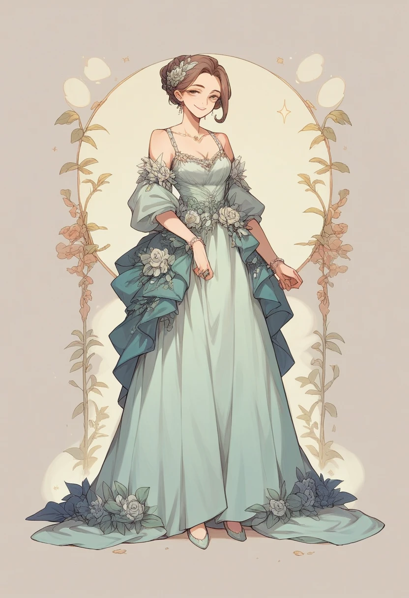 A 20-year-old young lady with a gentle smile wearing a neat and elegant formal dress. Full body A skirt that shows off your soft ankles