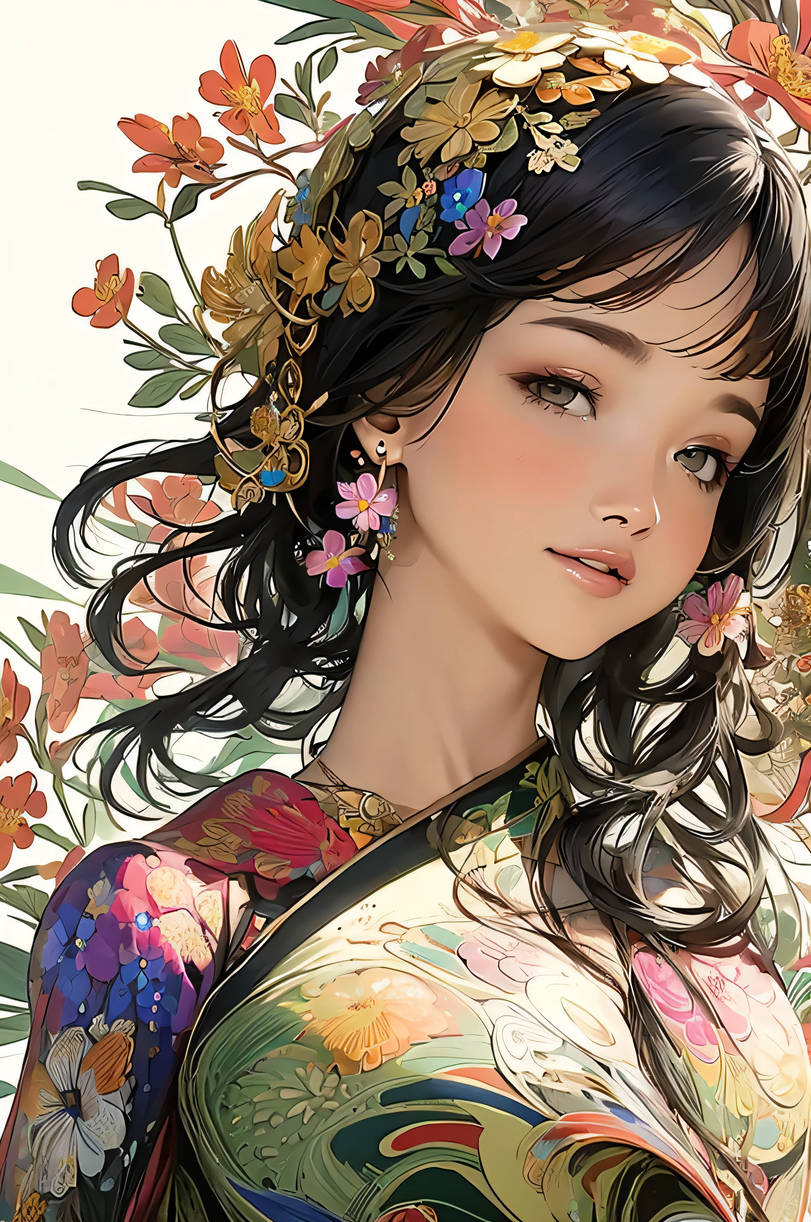 (masterpiece、Highest quality、Highest quality、Official Art、Beautiful and aesthetic:1.2)、Picturesque、sketch、texture、Ultra-high resolution、solo、Beautiful woman、Very detailed、(Fractal Art:1.1)、(colorful:1.1)(Floral:1.6)、Most detailed、(Tangled:1.2)、(Dynamic pose)、(Abstract background:1.3)、(Glowing Skin)、(Many colors:0.8)、、(Earrings:1.4)、(feather:0.9)、Taisho romance