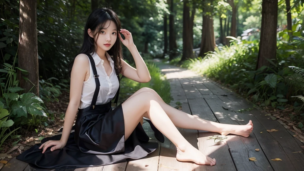 Black silk with letters,sit on the floor,Barefoot,Black suspenders,JK Skirt,long hair,Cute sister,nature,Sexy,Have a positive face,full-body shot