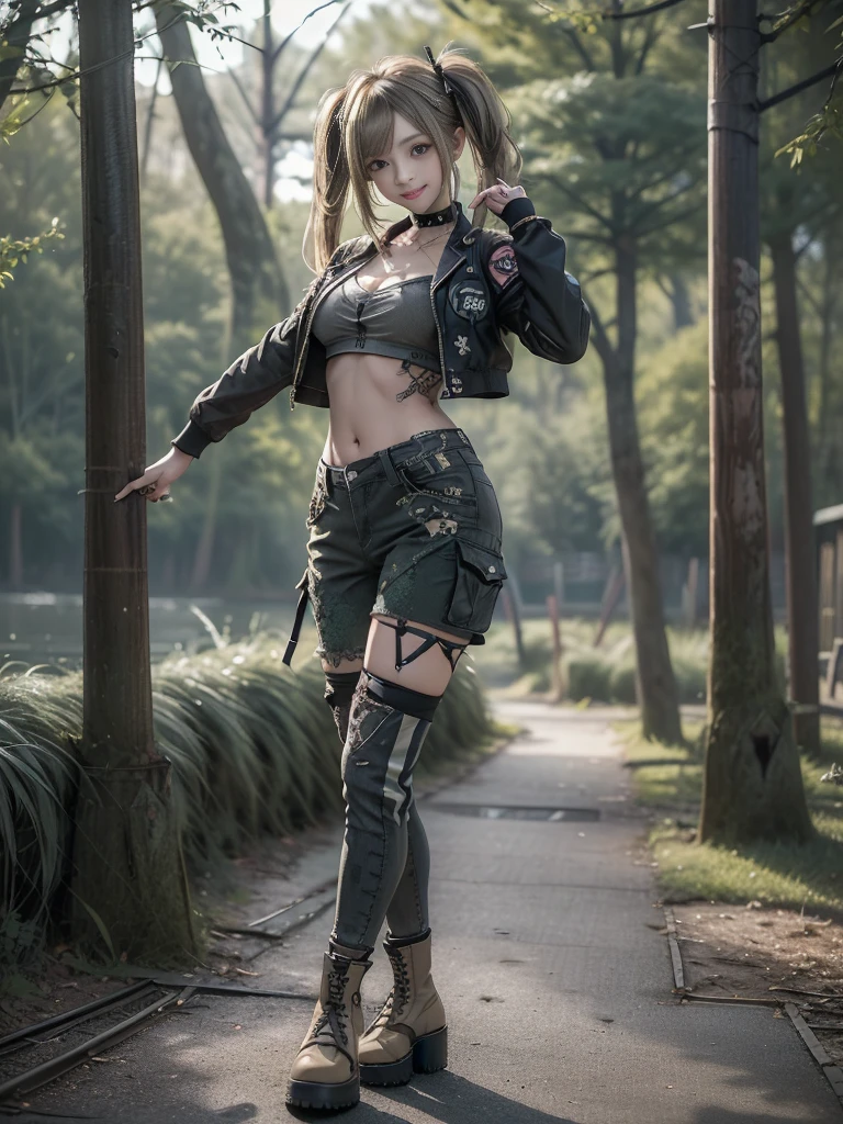 (Hostess:1.3)、(Smiling with teeth showing:1.3),(Shibuya Gal:1.5)、(Landmine Girl:1.4)、(Lolita Fashion:1.5)、(Punk RockVisual Kei:1.4)、(A modern short jacket in dark grey and moss green.:1.5)、(Tattered brown and charcoal denim low rise cargo pants:1.5)、(Mustard Yellow Headband:1.3)、(Charcoal and khaki striped knee socks:1.4)、collar、(Brown platform long boots)、(Clothing with logo pattern:1.4)、20-year-old、Browsing Caution,((Highest quality、In 8K、masterpiece:1.3))、Sharp focus:1.2、(Layered Cut、Huge breasts:1.1),Beautiful woman with perfect figure:1.4、(Doing an aerobics pose:1.3)、Slim Abs:1.2、Butt、Highly detailed face and skin texture、Fine grain、double eyelid,(Twin tails:1.3)、(Brownish golden hair:1.3)、Obscene、Idol Sculpture、(The landscape is a beautiful temple of water and forest:1.3)、(Slimming your legs:1.4)、(The body is slim:1.3)、(clavicle:1.1)