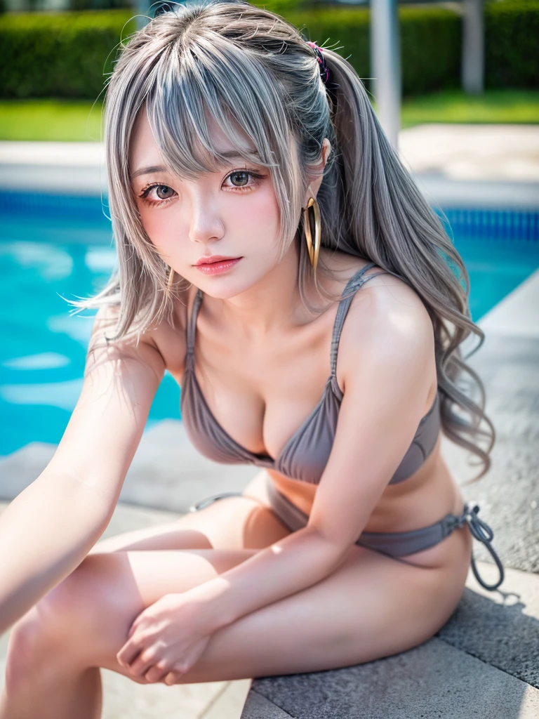 8K, RAW Photos, Fujifilm, Beautiful 20 year old woman style photo, (((Gray Hair:1.3,美しいGray Hairのストレートヘアー、シルキーなGray Hair)))、(((Swimwear:1.5,))) Gold earrings, (Highly detailed skin: 1.2), Light medium brown hair, Film Grain, 35mm, Cute Style、(((Sitting 1.5)))、Selfie with smartphone、Pool