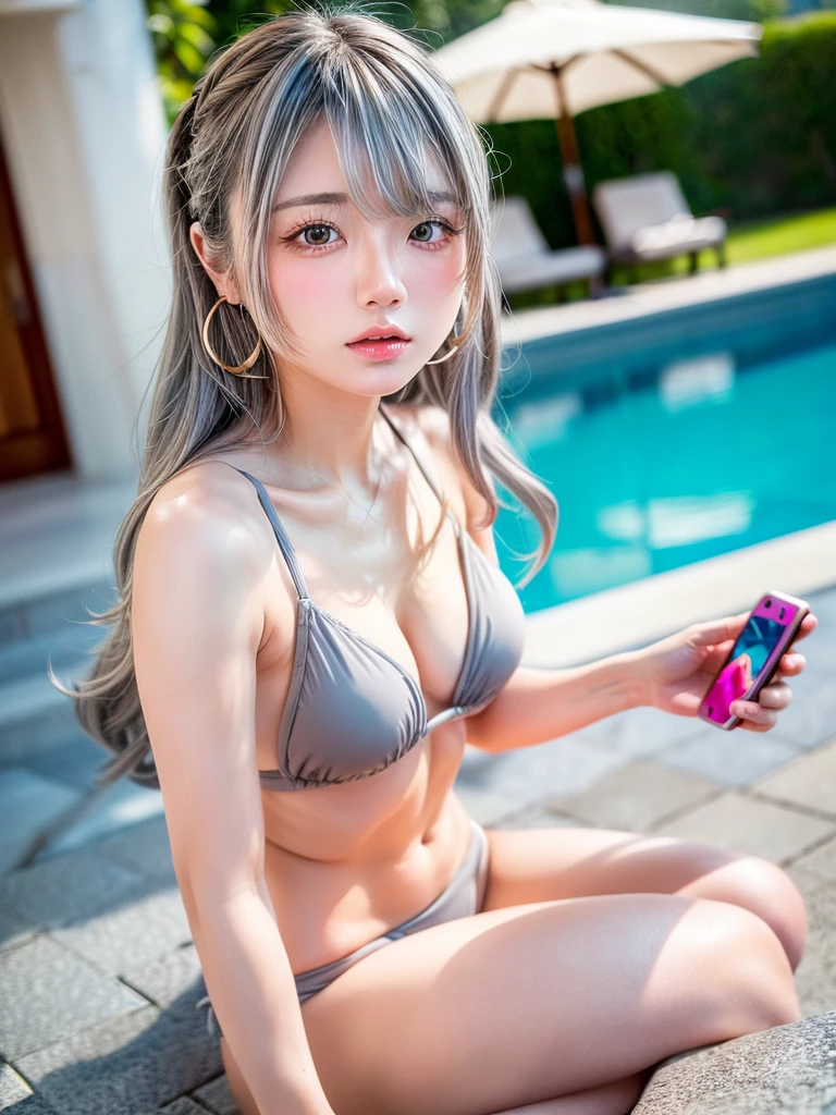 8K, RAW Photos, Fujifilm, Beautiful 20 year old woman style photo, (((Gray Hair:1.3,美しいGray Hairのストレートヘアー、シルキーなGray Hair)))、(((Swimwear:1.5,))) Gold earrings, (Highly detailed skin: 1.2), Light medium brown hair, Film Grain, 35mm, Cute Style、(((Sitting 1.5)))、Selfie with smartphone、Pool