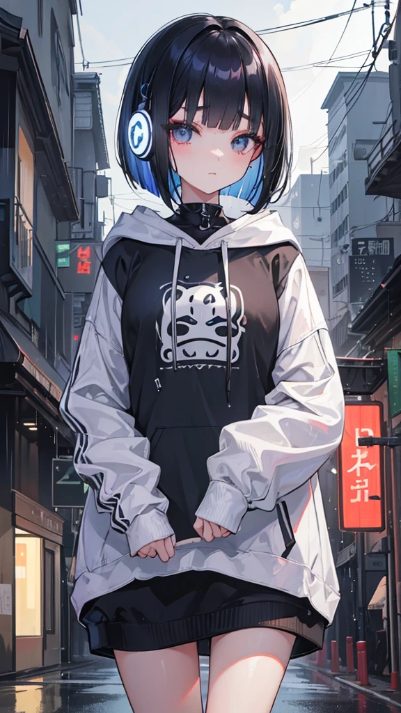 8K resolution、((Highest quality))、((masterpiece))、((Very detailed))、1 female、alone、Unbelievably absurd、Oversized hoodie、Headphones、street、Outdoor、It rains at night、neon、
- Short bob hairstyle - Short bangs on the forehead that clearly show eyebrows - Asian features with wide, lively eyes - Natural makeup - Professional