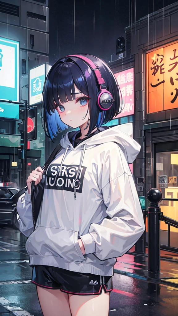 8K resolution、((Highest quality))、((masterpiece))、((Very detailed))、1 female、alone、Unbelievably absurd、Oversized hoodie、Headphones、street、Outdoor、It rains at night、neon、
- Short bob hairstyle - Short bangs on the forehead that clearly show eyebrows - Asian features with wide, lively eyes - Natural makeup - Professional
