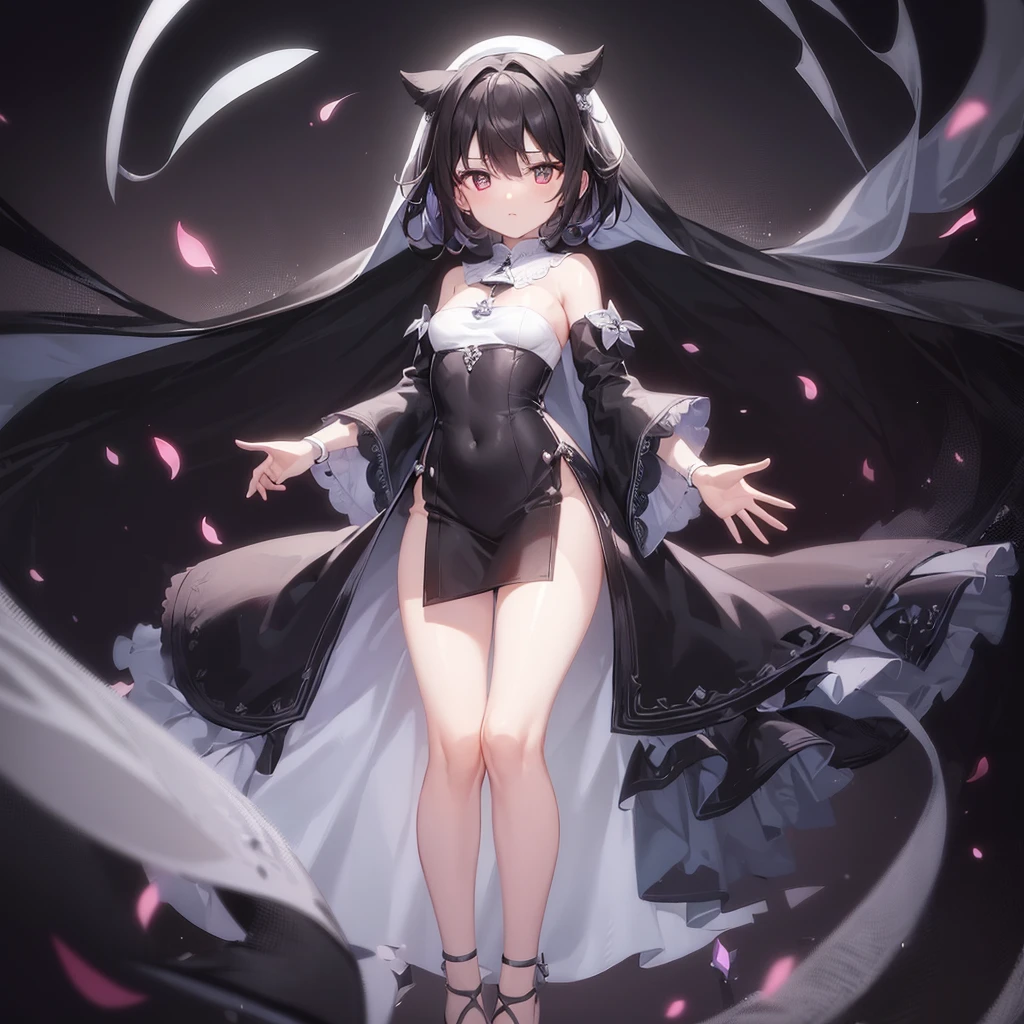 (Priest),(((Skimpy white clothes))),Veil,Cute little ,Tiny Lori,Small girl,,Childish face, Very fine clean face,Top quality, Big eyes,Straight Hair,Yellow hair,Crimson Eye,(Dark Room), Subtle light, Natural light,Soft lighting,Light from directly behind, (Are standing), Cute pose, Open your hands, Showing the whole body,Front view,Black background