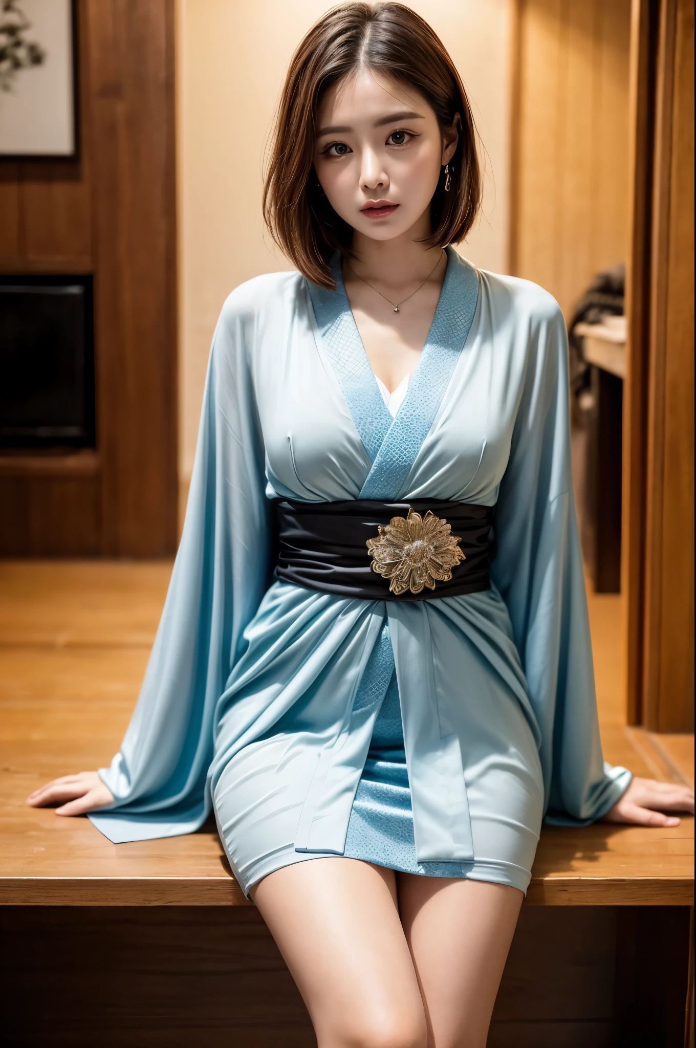 (((masterpiece))), (((Highest quality: 1.4))), ((Very detailed: 1.4)) , ulzzang-6500-v1.1, (RAW Photos:1.2), (Photorealistic), (Genuine:1.4), Sharp focus、Shot from the side、One girl, Beautiful and perfect face, Droopy eyes are cute、Duck mouth、Sitting on tatami mats、Her thighs are exposed with her skirt messed up、One-Length Bob Cut, Japanese Clothing,kimono, 豪華なkimono、Beautiful long-sleeved kimono、上品な振袖kimono、Dazzling、Intricate details, Cinematic atmosphere, 8K, Very detailed, Sharp Eyes、