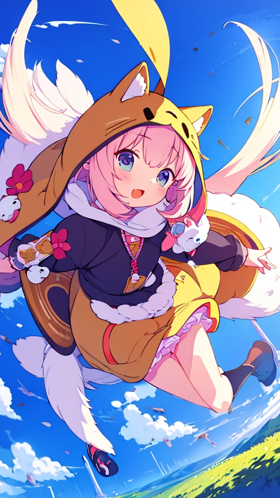 beautiful illustration, best quality, cute girl , animal hood, dynamic angle, sky, jumping Extremely detailed