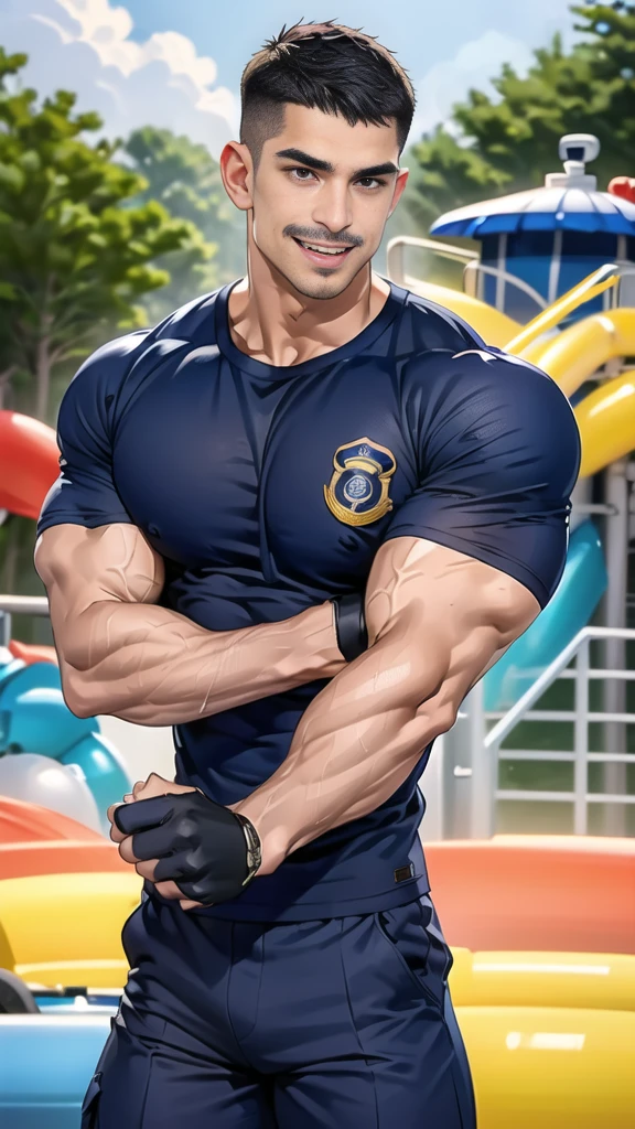(handsome Man),(Thin mustache:1.1),(crew cut short hair:1.5),black eye,
(navy blue tight-fitting round neck short sleeve T-shirt:1.3),(Police badge:1.3),navy blue cargo pants,(navy_gloves:1,3),
Korean guy,chest muscles,large arm muscles,blood vessel,Big muscles,Broad shoulders,(open mouth:1.2),(face up:1.2),(open eyes:1.5),middle of the road,smile,(water park:1.4),
