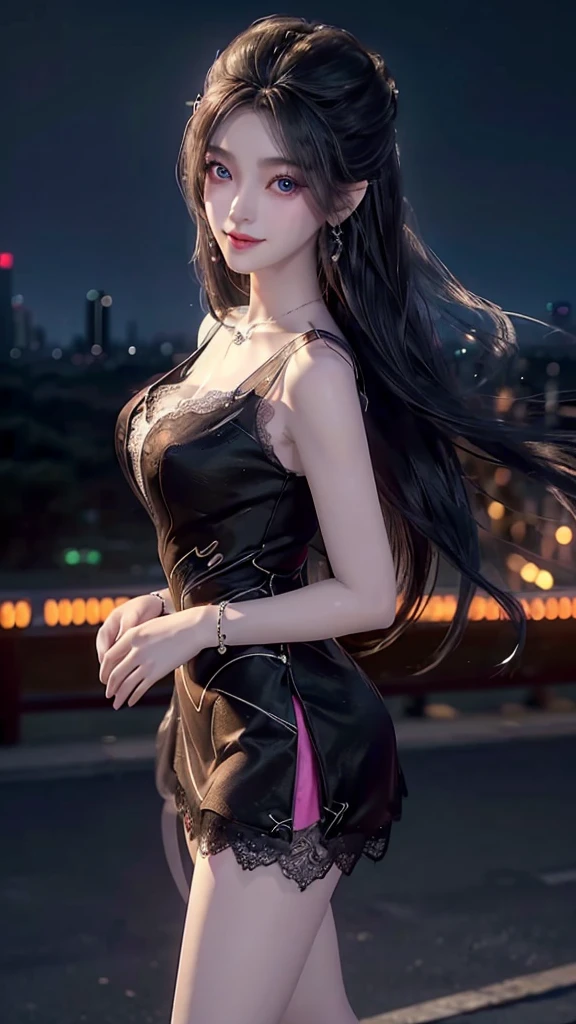 Sweet girl dress2,dress, ((knee shot)), 8k, masterpiece, original photo, best quality, detail:1.2), ((Shoot at random angles)), lifelike, Extremely detailed CG unified 8k wallpapers, depth of field, film light, lens flare, Ray tracing, (extremely beautiful face, beautiful lips, beautiful eyes), intricate detail face, ((ultra detailed skin)) 1 girl, in the darkness, deep shadow, Beautiful Korean girl, kpop idol,(Very slim and slender figure:1.3), A plump chest, (bright smile), (City night, (neon sign), (night), Beautiful Korean girl, white diamond earrings, Diameter bracelet, Dia necklace, pantyhose, clear eyes, walk, (big eyes), ((Lace's))