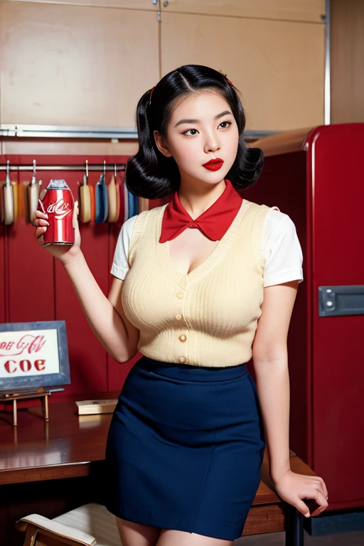 1952, Seoul, (1 korean young girl), Coca Cola Advertisement, sweater vest, pencil skirt, storage room , Coke Girl, (big breasts, strikingly beautiful, delicate facial features, porcelain skin, expressive eyes, black hair, red lips), (hairstyle of the 1950s)