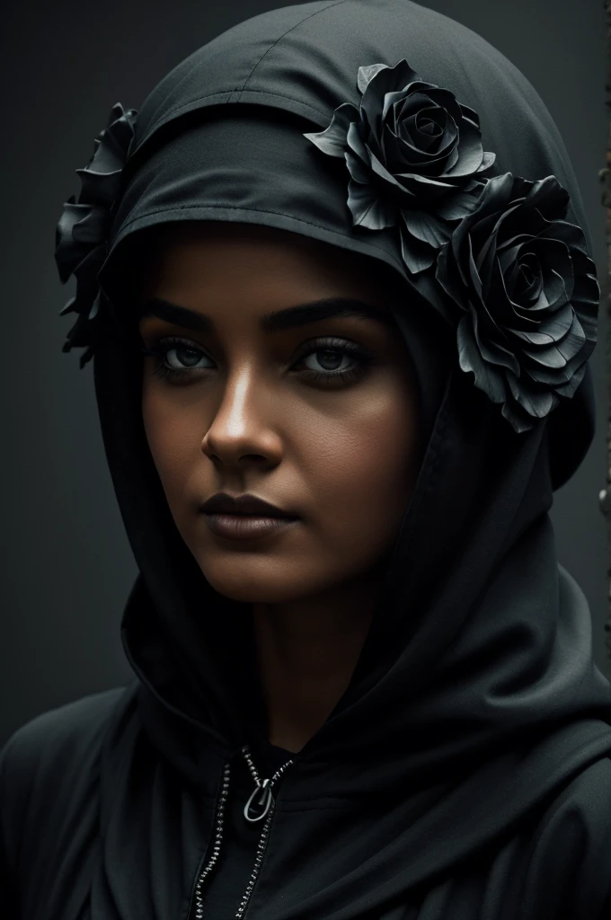 Woman in black, oil art, fantasy vibe, in hood, flower face, black vibe