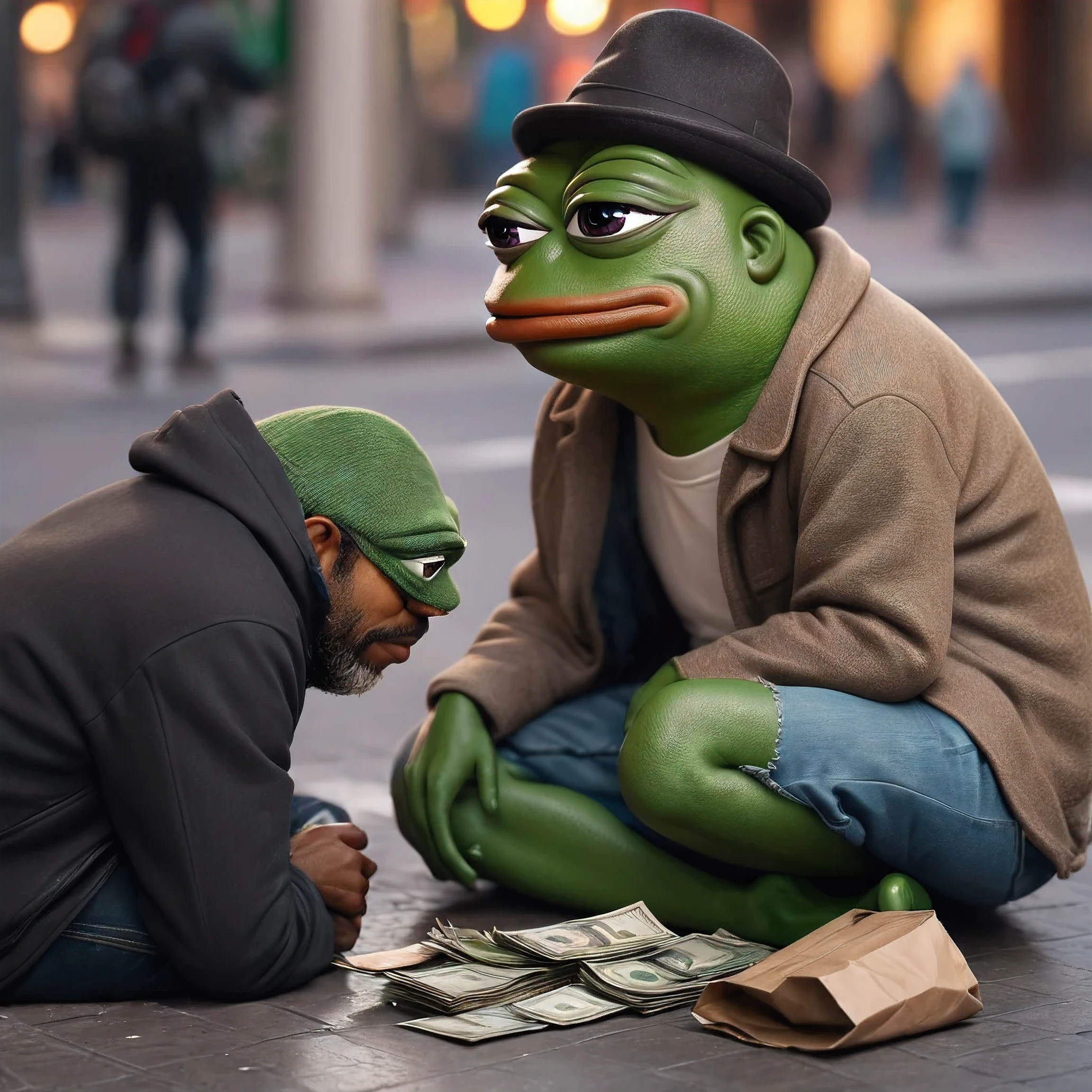 a pepe the frog giving money to a homeless man on the street, highly detailed, 1 frog, 1 homeless man, realistic, photorealistic, 3D, digital art, hyperrealistic, intricate details, dynamic pose, street background, warm lighting, vibrant colors, cinematic composition, dramatic lighting, volumetric lighting, depth of field, photographic quality, masterpiece, award-winning