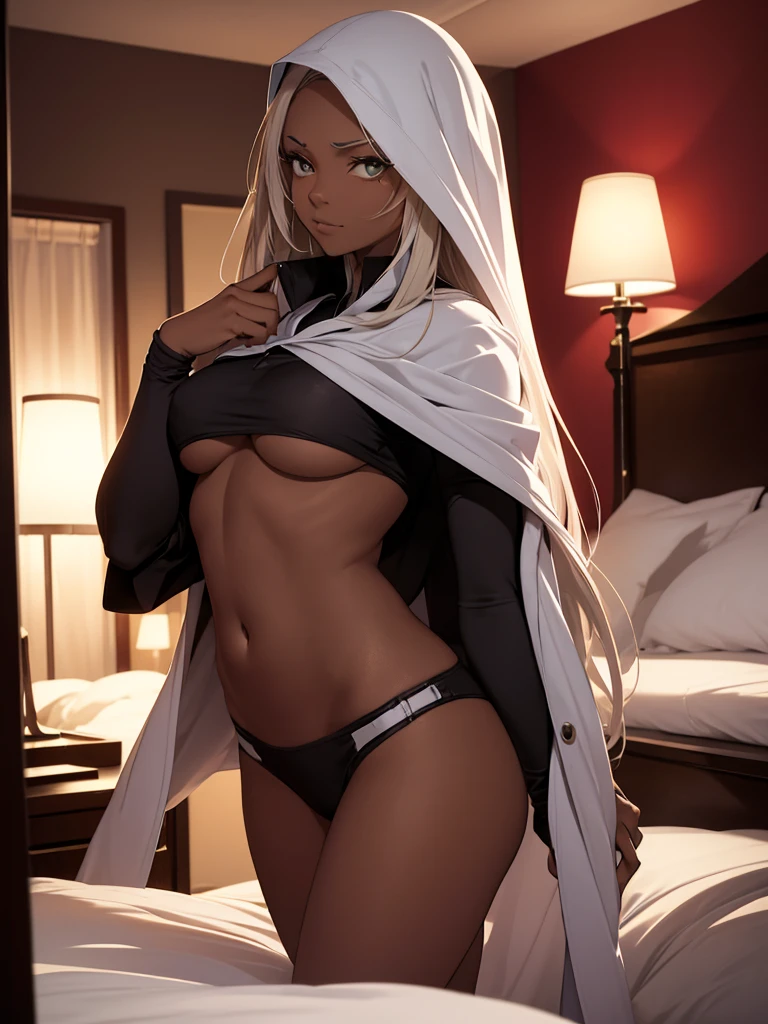 (masterpiece、top-quality、hight resolution), In a dimly lit hotel room, a man sits on the edge of the bed, looking shocked and uncomfortable. Standing in front of him is a woman dressed as an escort, who he quickly recognizes as the delinquent girl who used to bully him in school. Her expression is a mix of surprise and amusement as she realizes who he is. She stands with one hand on her hip and a teasing smile on her face, clearly enjoying his discomfort. The room is simple, with a bed, nightstand, and dim lighting, creating an intimate yet tense atmosphere. The focus is on their facial expressions and body language, highlighting the awkward and unexpected reunion. ramlethalms nsfw