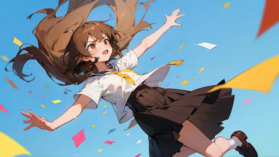 ((Highest quality)), ((masterpiece)), ((Very detailed)),Floatingする女の子,Angry expression,floating,Floating,Confetti,Brown Hair,tears,Levitating,Blue sky background,Feet in the air,tears,gravity,Long skirt,loafers,Raise both hands