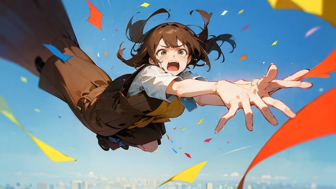 ((Highest quality)), ((masterpiece)), ((Very detailed)),Floatingする女の子,Angry expression，floating，Floating，Confetti，Brown Hair,tears,Levitating,Blue sky background,Feet in the air,tears,gravity,Long skirt,loafers,Raise both hands