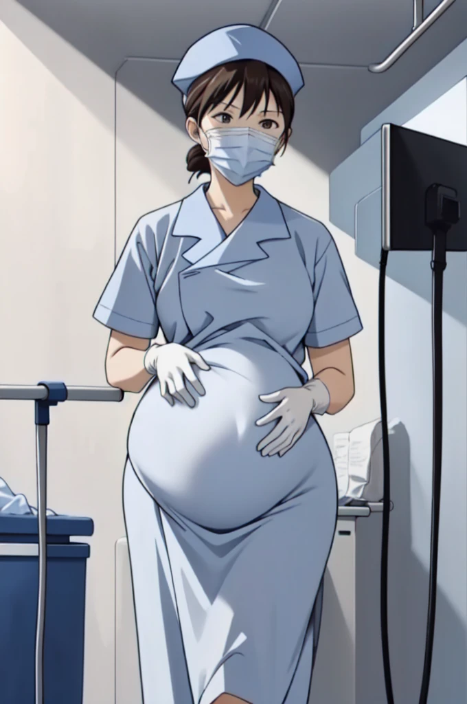 (RAW photo, best quality), operating room, overhead surgical light,blurred background, focused, dithering,backlighting,
 surgical_nurse_ppt, 1girl, pregnant,surgical mask, surgical cap, gloves,long dress, nurse, 
 fubuki kyouka,