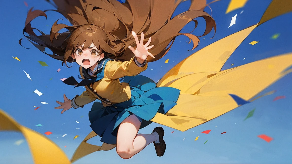 ((Highest quality)), ((masterpiece)), ((Very detailed)),Floatingする女の子,Angry expression，floating，Floating，Confetti，Brown Hair,tears,Levitating,Blue sky background,Feet in the air,tears,gravity,Long skirt,loafers,Raise both hands