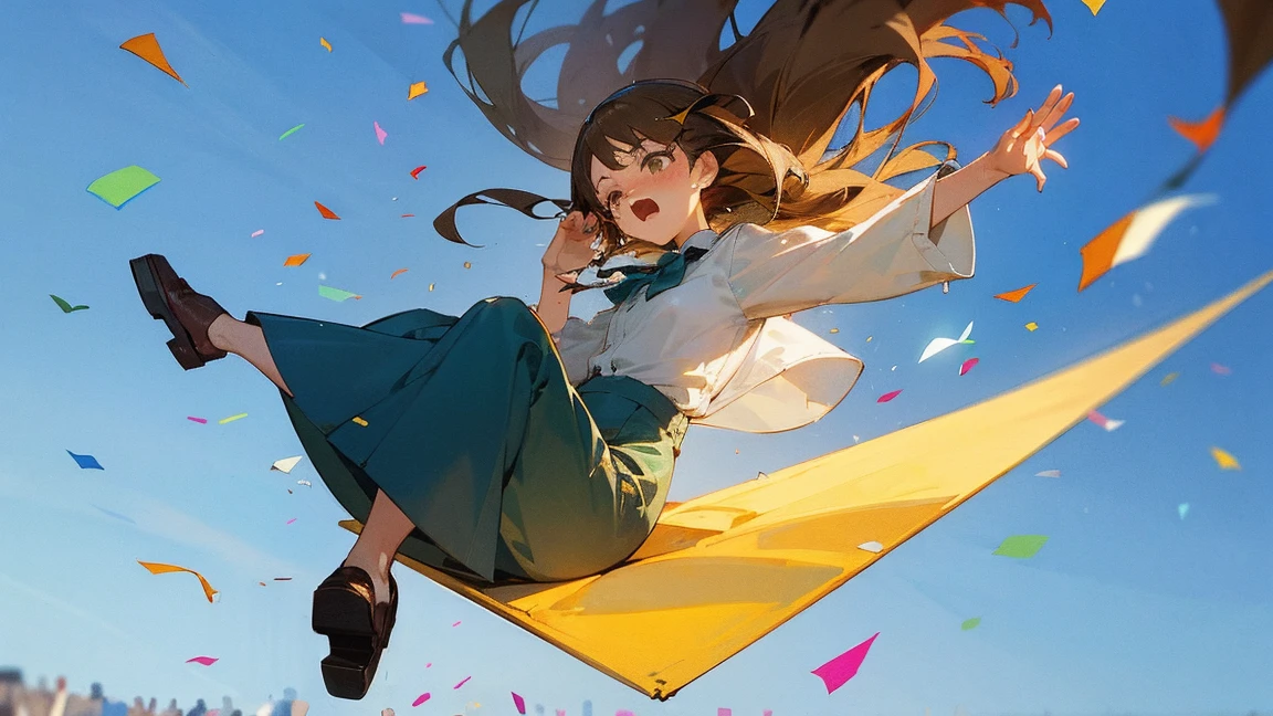 ((Highest quality)), ((masterpiece)), ((Very detailed)),Floatingする女の子,Angry expression,floating,Floating,Confetti,Brown Hair,tears,Levitating,Blue sky background,Feet in the air,tears,gravity,Long skirt,loafers,Raise both hands