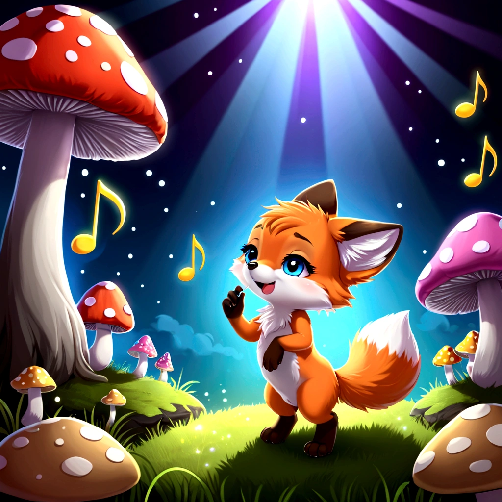 Cute little mushroom-like fox enjoying music