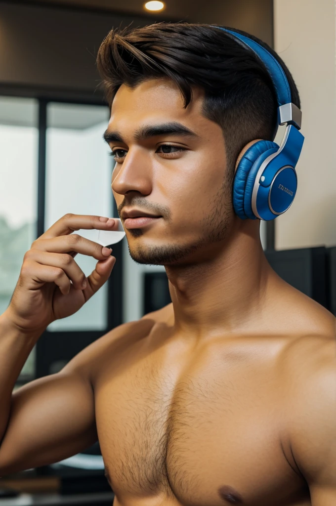 A 25 years old Boy scrolling his phone wearing headphones and getting some fats