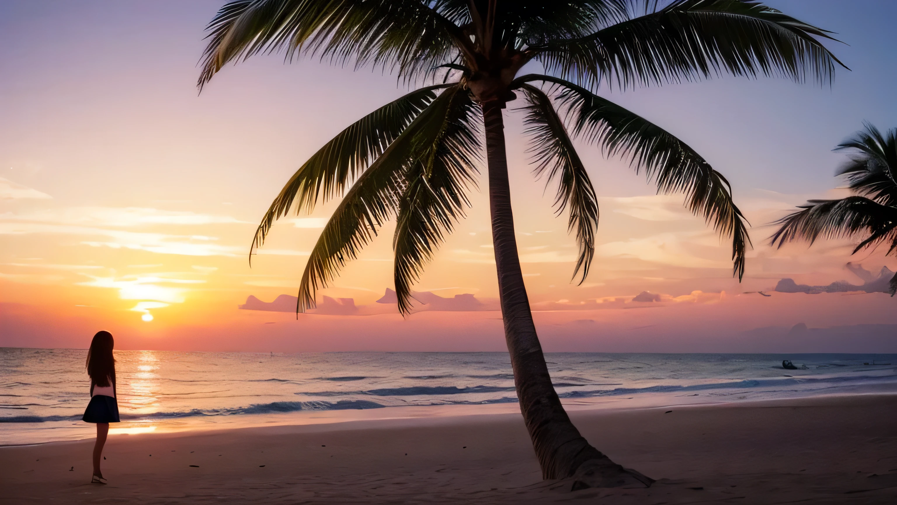 Beach, Palm tree, sunset, horizontal line, cute cat, girl