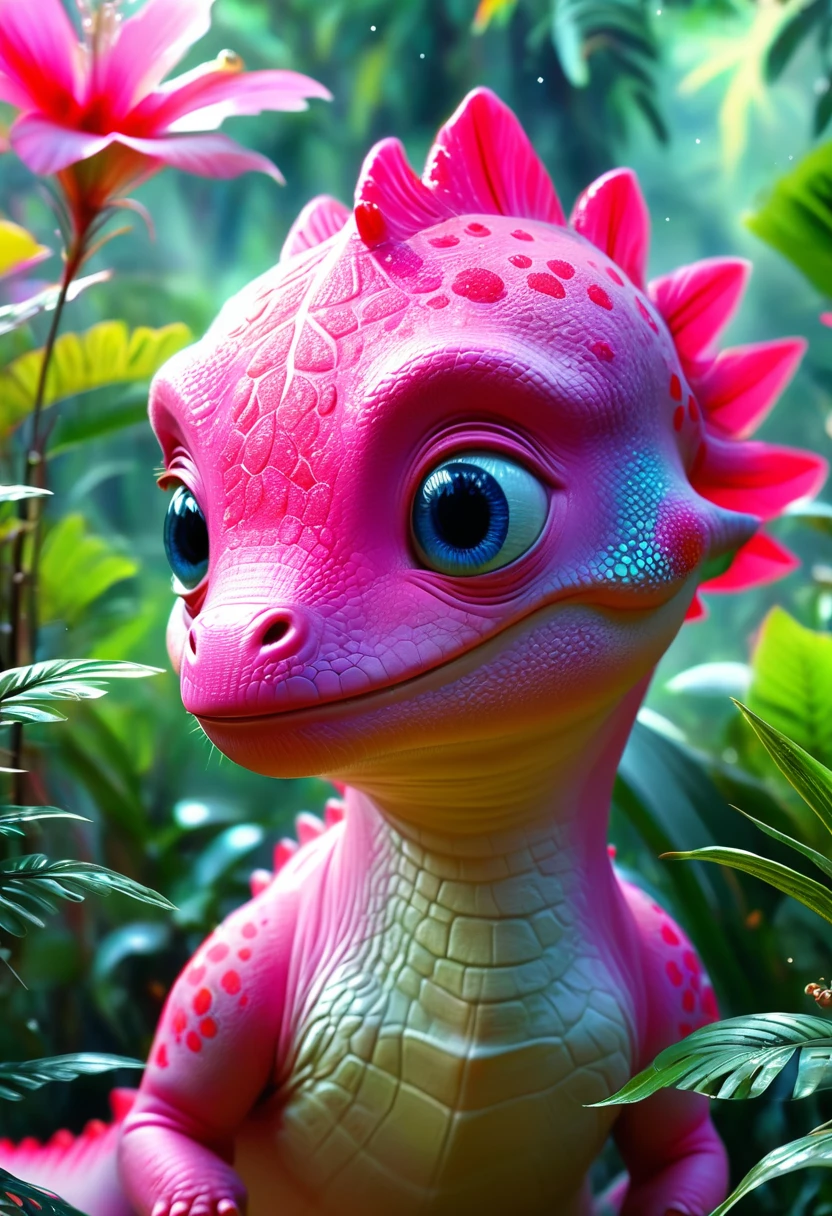 (Curious pink baby dinosaur), Beautiful and delicate eyes, Cute expression, Dense jungle background, Dreamy, Fantastic, watercolor, number, (best quality,4K,8K,high resolution,masterpiece:1.2),Extremely detailed,(Practical,photoPractical,photo-Practical:1.37),Vibrant colors,Soft lighting
