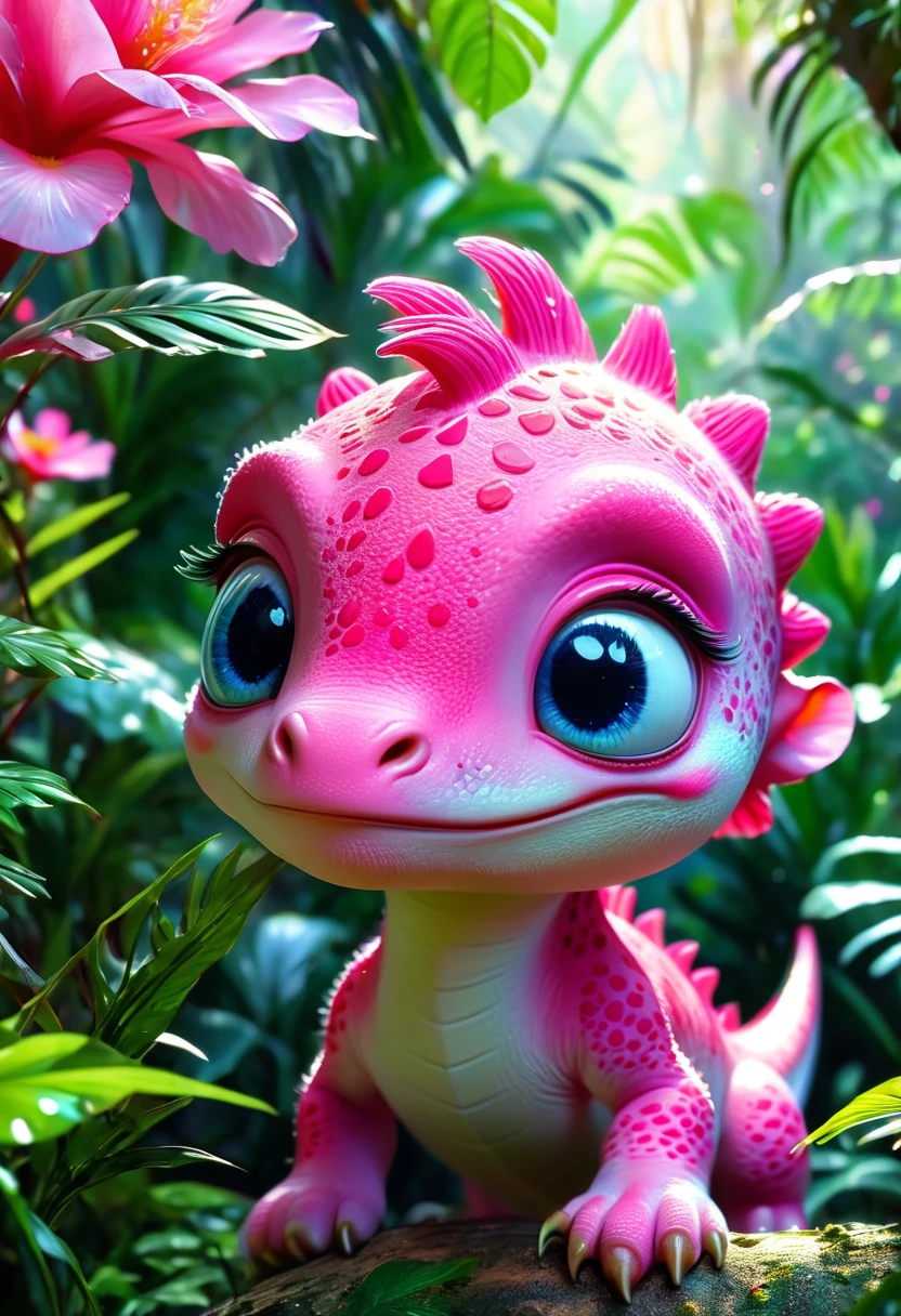 (Curious pink baby dinosaur), Beautiful and delicate eyes, Cute expression, Dense jungle background, Dreamy, Fantastic, watercolor, number, (best quality,4K,8K,high resolution,masterpiece:1.2),Extremely detailed,(Practical,photoPractical,photo-Practical:1.37),Vibrant colors,Soft lighting
