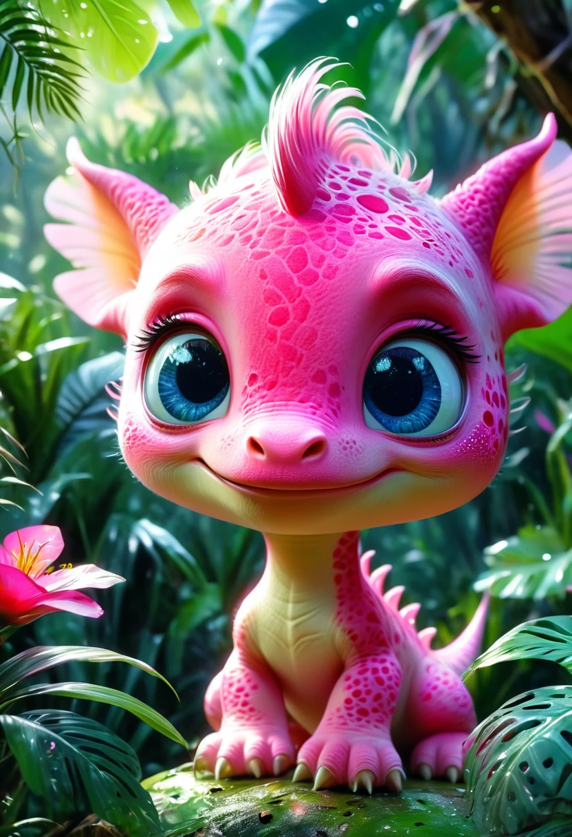(Curious pink baby dinosaur), Beautiful and delicate eyes, Cute expression, Dense jungle background, Dreamy, Fantastic, watercolor, number, (best quality,4K,8K,high resolution,masterpiece:1.2),Extremely detailed,(Practical,photoPractical,photo-Practical:1.37),Vibrant colors,Soft lighting