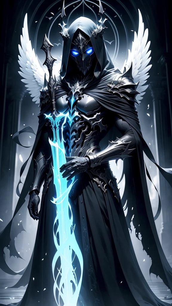 Striking illustration of the Angel of Death., A mysterious and ethereal figure who guards the threshold between life and death.. His presence is enigmatic and powerful...., con alas inmensas que se extienden hacia el horizonte y una mirada penetrante que transmite serenidad y temor. He uses cool tones and deep shadows to emphasize his ethereal nature and his connection to the realm of death......(dark lighting), ( ethereal lighting),(Spectral illumination)