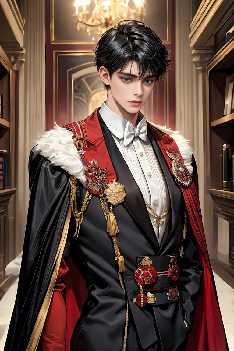 
masterpiece, 最high quality, high quality, 1 boy, alone, Male focus, Watching the audience,  Messy black hair, Adorable big blue eyes, White people, Noble, Noble,Sexy voluminous black and red cape、Tuxedo、A very voluminous, large, very large, very large, long, long red and black cape with a high stand-up collar, reaching down to the floor, made of a lot of fabric., ,Cute beautiful boys,Cute, cute, kind, handsome guy