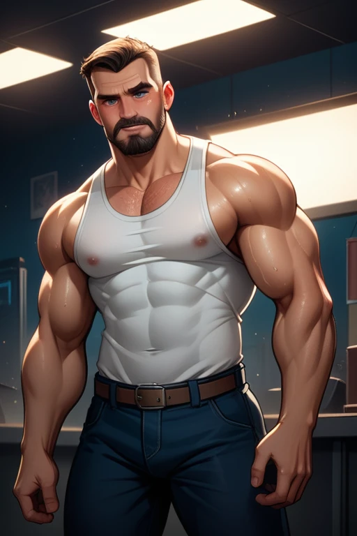 an attractive woman and a 45 year old man(cobalt blue eyes; middle-aged; salt-and-pepper crew cut; epic square jawline; rough; rugged; muscular and imposing; incredible beard; masculine; round-faced, Kurt Russell), Disney-style cgi, futuristic; dystopian; best quality; high detail; trending on artstation; complex volumetric lighting; grungy white tank top; 80s action hero; sweaty; grimy; cop who plays by his own rules; man is having sex with the woman; indoors