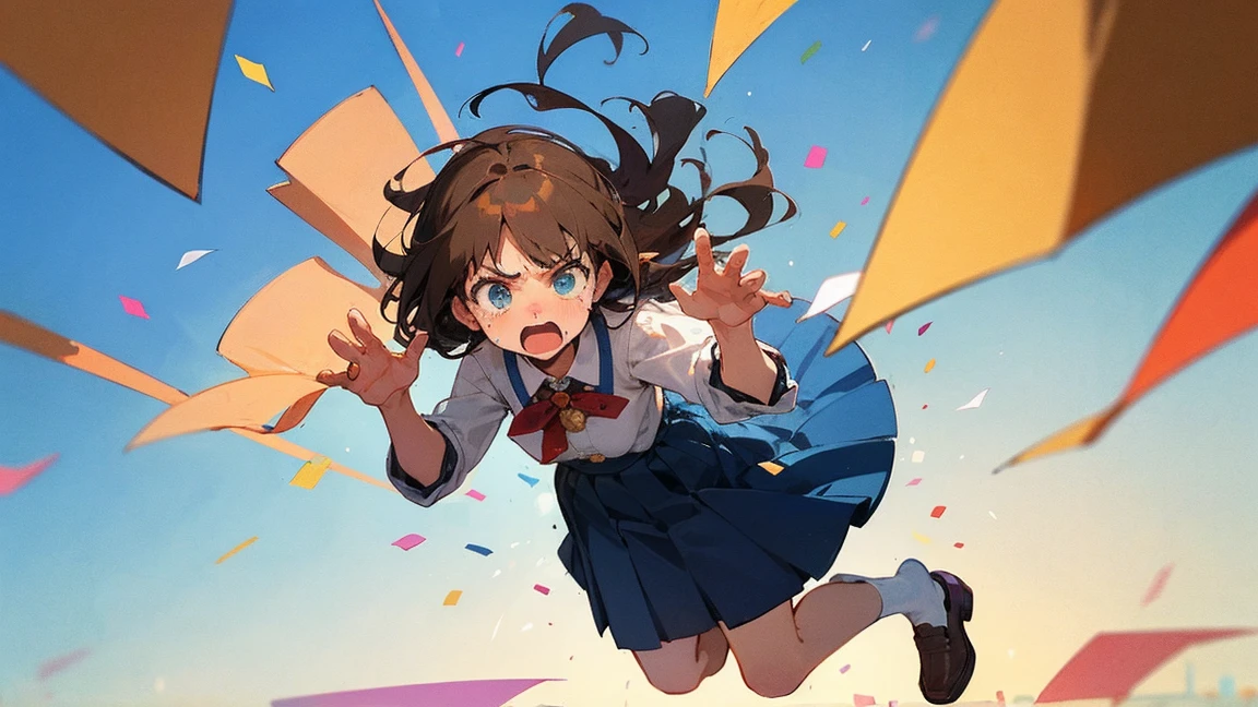 ((Highest quality)), ((masterpiece)), ((Very detailed)),Floatingする女の子,Angry expression,floating,Floating,Confetti,Brown Hair,tears,Levitating,Blue sky background,Feet in the air,tears,gravity,Long skirt,loafers,Raise both hands
