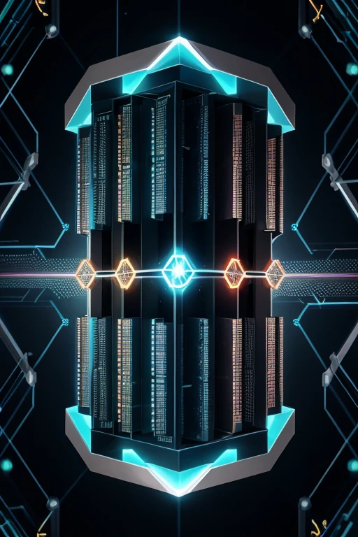 A conceptual piece illustrating the potential of quantum computing. A quantum computer is depicted breaking complex cryptographic codes, with quantum bits (qubits) in superposition, visualized as entangled light particles.