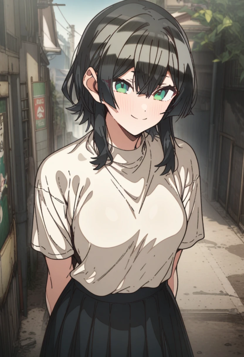1girl, erere, solo, official art, black hair, green eyes, smile, attractive, looking at viewer, black pleated skirt, white shirt, hands behind back, raised eyebrows, expressive, smile, outdoors, scenery, best quality, masterpiece
