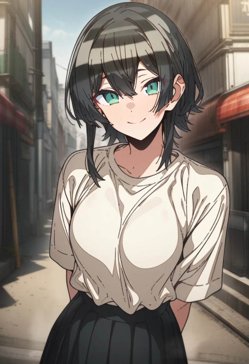 1girl, erere, solo, official art, black hair, green eyes, smile, attractive, looking at viewer, black pleated skirt, white shirt, hands behind back, raised eyebrows, expressive, smile, outdoors, scenery, best quality, masterpiece