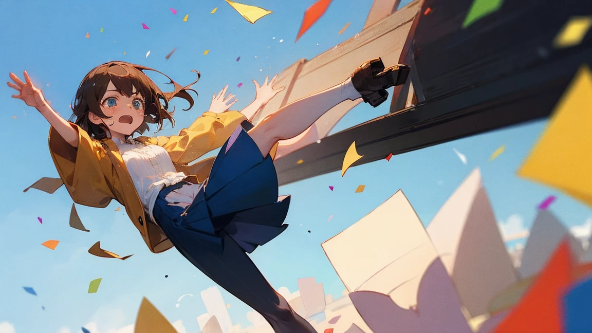 ((Highest quality)), ((masterpiece)), ((Very detailed)),Floatingする女の子,Angry expression，floating，Floating，Confetti，Brown Hair,tears,Levitating,Blue sky background,Feet in the air,tears,gravity,Long skirt,loafers,Raise both hands