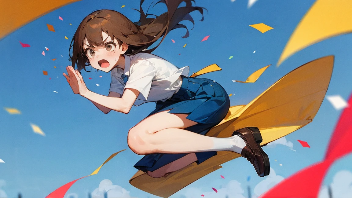((Highest quality)), ((masterpiece)), ((Very detailed)),Floatingする女の子,Angry expression,floating,Floating,Confetti,Brown Hair,tears,Levitating,Blue sky background,Feet in the air,tears,gravity,Long skirt,loafers,Raise both hands