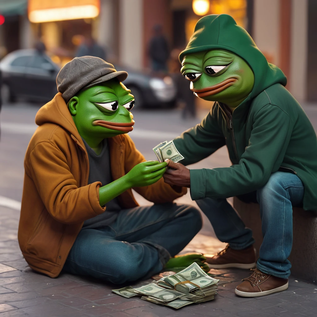 a Pepe the frog giving money to a homeless man on the street, highly detailed, 1 frog, 1 homeless man, realistic, photorealistic, 3D, digital art, hyperrealist, intricate details, dynamic pose, street background, warm lighting, vibrant colors, cinematic composition, dramatic lighting, volumetric lighting, depth of field, photographic quality, masterpiece, award-winning