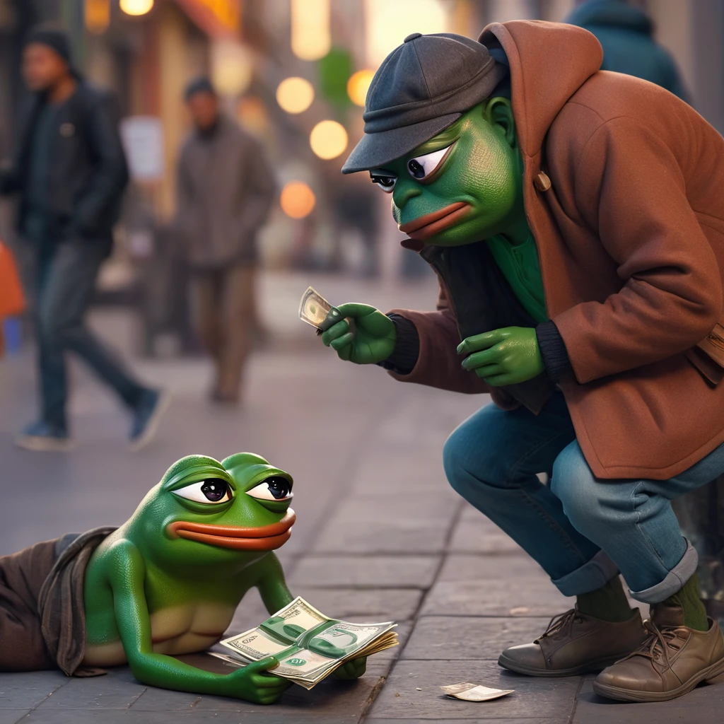a Pepe the frog giving money to a homeless man on the street, highly detailed, 1 frog, 1 homeless man, realistic, photorealistic, 3D, digital art, hyperrealist, intricate details, dynamic pose, street background, warm lighting, vibrant colors, cinematic composition, dramatic lighting, volumetric lighting, depth of field, photographic quality, masterpiece, award-winning