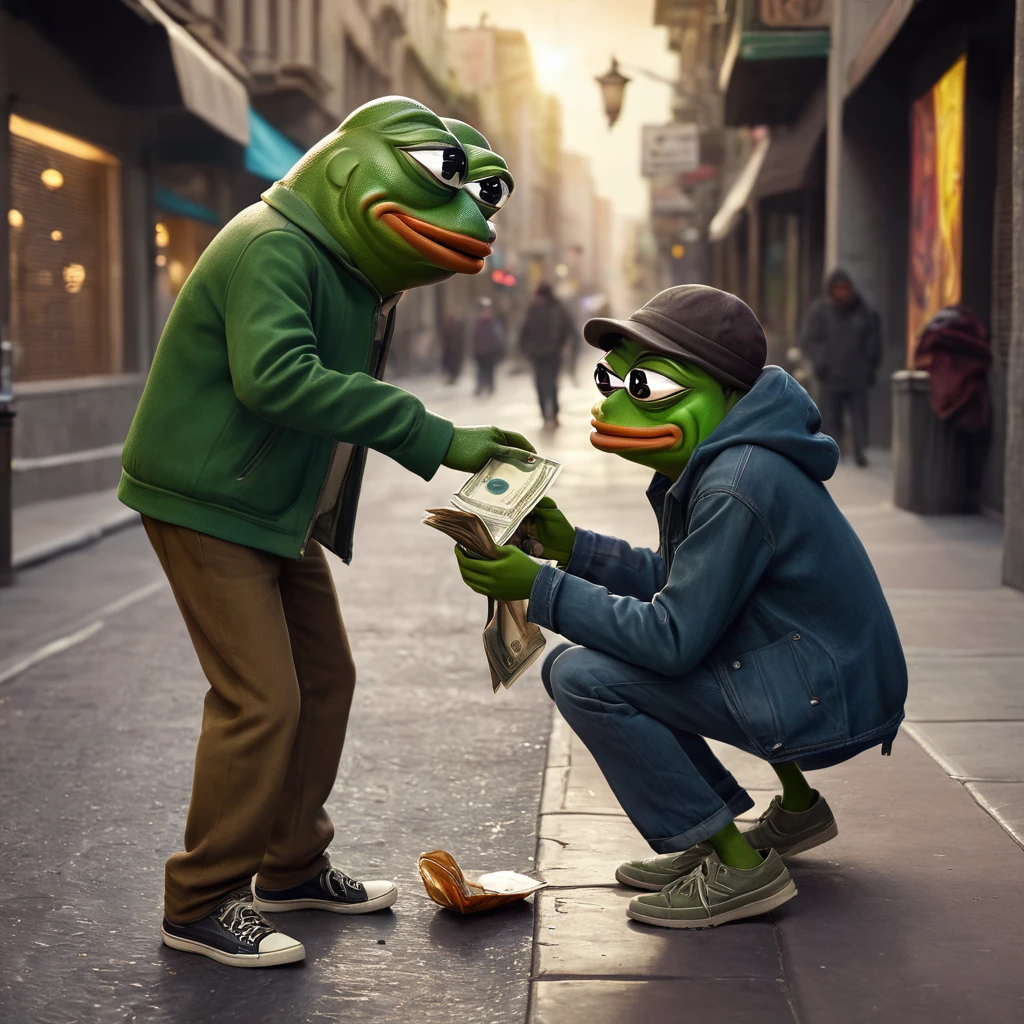 a Pepe the frog giving money to a homeless man on the street, highly detailed, 1 frog, 1 homeless man, realistic, photorealistic, 3D, digital art, hyperrealist, intricate details, dynamic pose, street background, warm lighting, vibrant colors, cinematic composition, dramatic lighting, volumetric lighting, depth of field, photographic quality, masterpiece, award-winning