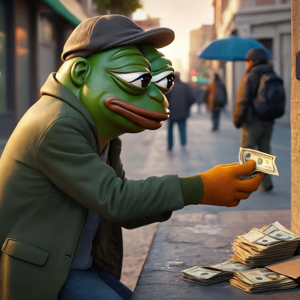 a Pepe the frog giving money to a homeless man on the street, highly detailed, 1 frog, 1 homeless man, realistic, photorealistic, 3D, digital art, hyperrealist, intricate details, dynamic pose, street background, warm lighting, vibrant colors, cinematic composition, dramatic lighting, volumetric lighting, depth of field, photographic quality, masterpiece, award-winning