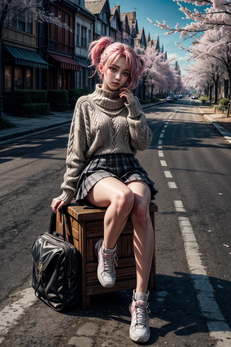masterpiece, best quality, ultra-detailed, illustration, wide angle, 1girl, seated, solo, road in the middle and pink cherry trees on roadside, full body, pink hair, sweater, short skirt, fashion,, composition, balance, harmony, rhythm, color, light, shadow, reflection, refraction, tone, contrast, foreground, middle ground, background, naturalistic, figurative, representational.