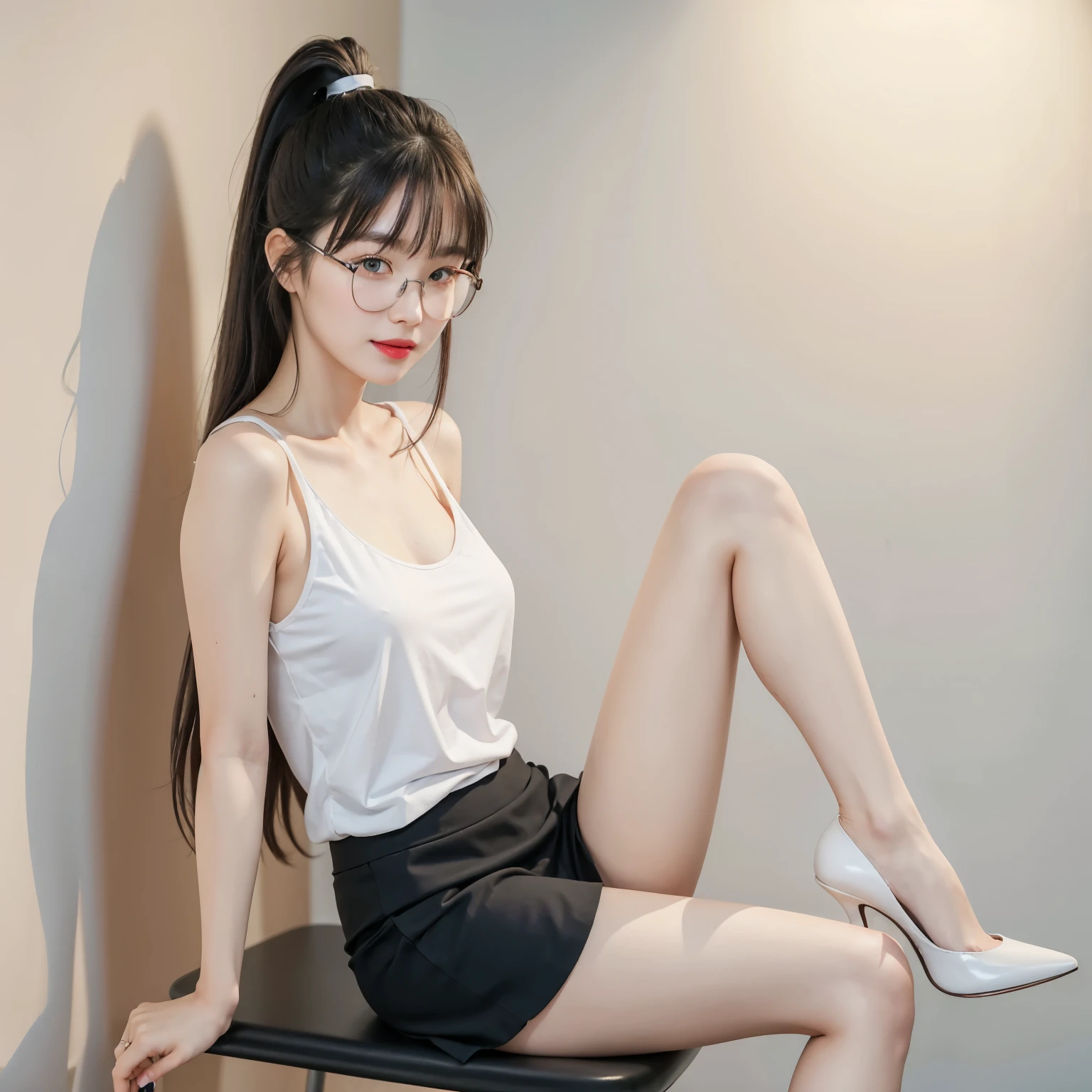 (Best quality, masterpiece, detailed), (RAW, 4k, hd images), shy, 1 girl, 17 years old, white skin, long hair, ponytail, layers hair, bangs, black hair, beautiful girl, cute girl, sweet girl, pretty girl, perfect girl, pretty eyes, blue eyes, thin lips, thin, (eye line, lip stick soft), perfect , glasses(detailed frame), room, smile, thigh, white tank top, black short skirt, sitting on the chair, white wall background, pose like a model, facing on camera, full body, full legs, foot with high heels