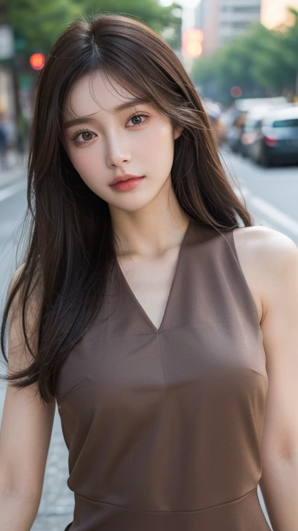 ((best quality, 8K, masterpiece :1.3)), whole body, Clear focus: 1.2, A girl,20 years old,Perfect face shape,Beautiful face shape,Perfect body beauty: 1.4, Slim abdominal muscles: 1.2, ((Dark brown hair, : 1.2)), Vest Dress: 1.1, (street: 1.3), Highly detailed face and skin texture, Exquisite eyes, Double eyelids