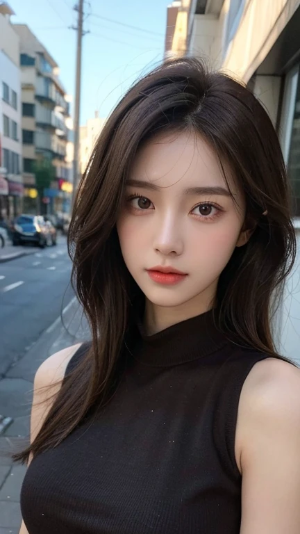((best quality, 8K, masterpiece :1.3)), whole body, Clear focus: 1.2, A girl,20 years old,Perfect face shape,Beautiful face shape,Perfect body beauty: 1.4, Slim abdominal muscles: 1.2, ((Dark brown hair, : 1.2)), Vest Dress: 1.1, (street: 1.3), Highly detailed face and skin texture, Exquisite eyes, Double eyelids