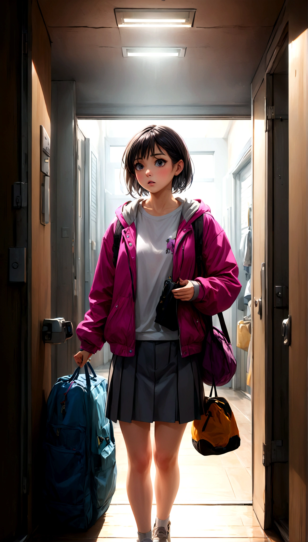 Photorealistic, top-quality 8K image of an incredibly detailed J-POP styled interior, showing an attractive woman with an anxious expression, desperately looking for her keys right before heading out, cinematic composition, trending on ArtStation