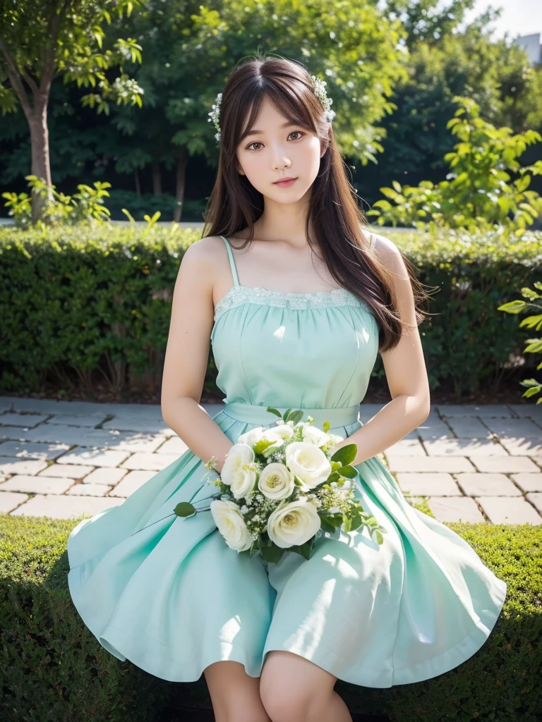 Whiteish Mint Dress、(Highest quality)、((Very detailed))、4K、(8K)、masterpiece、Very detailedな、Highest quality、Super Resolution、1 person、Kind Face、Soft Light、RAW quality、Soft Skin、163cm、Garden Terrace、Thighs、bouquet、knees