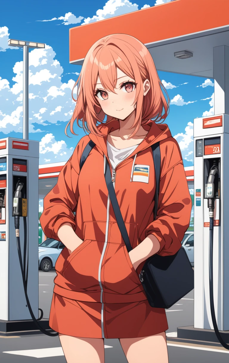 masterpiece, Highest quality, {Highest quality}, {{masterpiece}}, {High resolution}, Anime Style, Girl working at a gas station