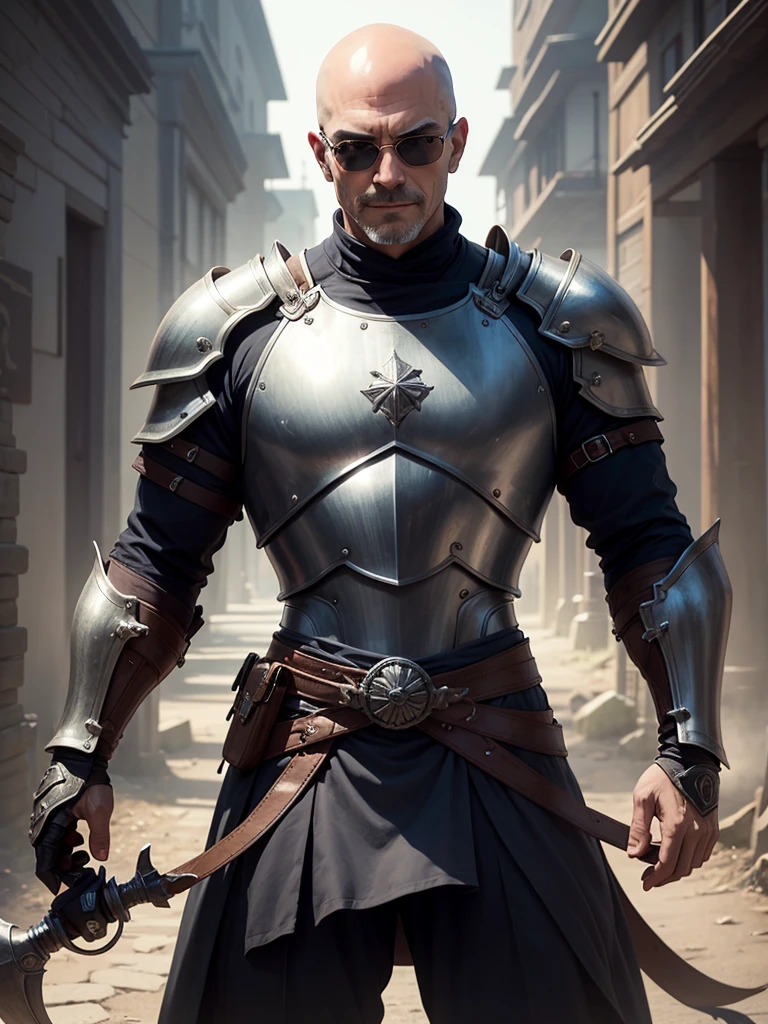 As imagined, masterpiece, authentic, male, age 47, Japanese, beautiful face, shaved head, Boston style sunglasses, studio lighting, cinematic lighting, thoughtful, beautiful dark eyes, perfect anatomy, cool smile, central image, style, bioluminescent, 180 cm tall, medium height, medieval European knight in armor,both hands holding a single sword and propped up against the ground , 8K resolution, human hands, oddly perfect, gentlemanly, near perfect, dynamic, highly detailed, character sheet, concept art, smooth, symmetrical and well balanced body, direct view of figure ,whole body,entire body,full body,total body,standing,Meadow with a fresh breeze
